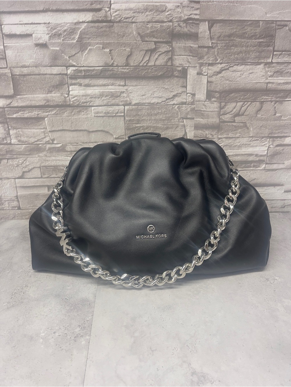 Michael Kors Nola XL Clutch Chain Shoulder Bag Black Plush Leather
